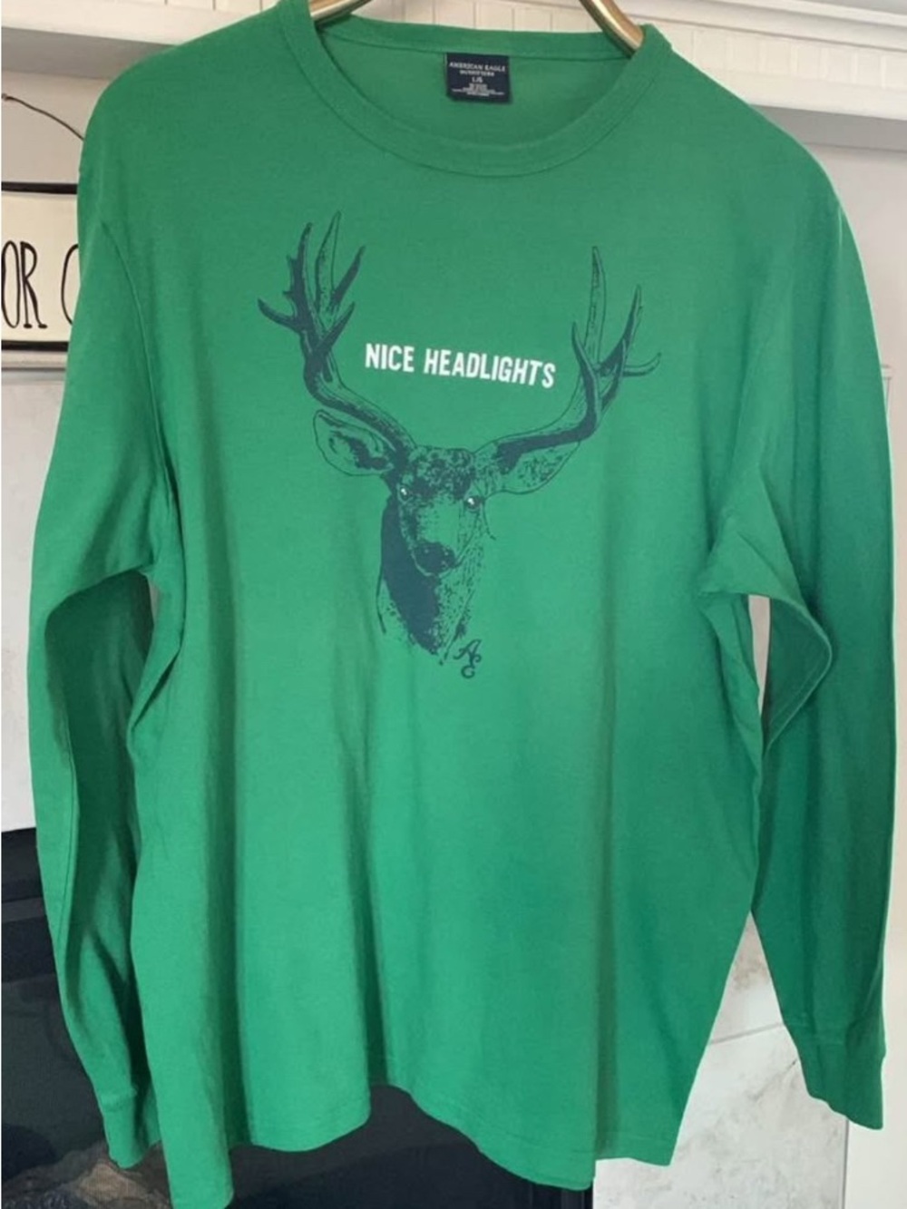 Vintage 2005 American Eagle NICE HEADLIGHTS Green LS Tee Deer Graphic Size L